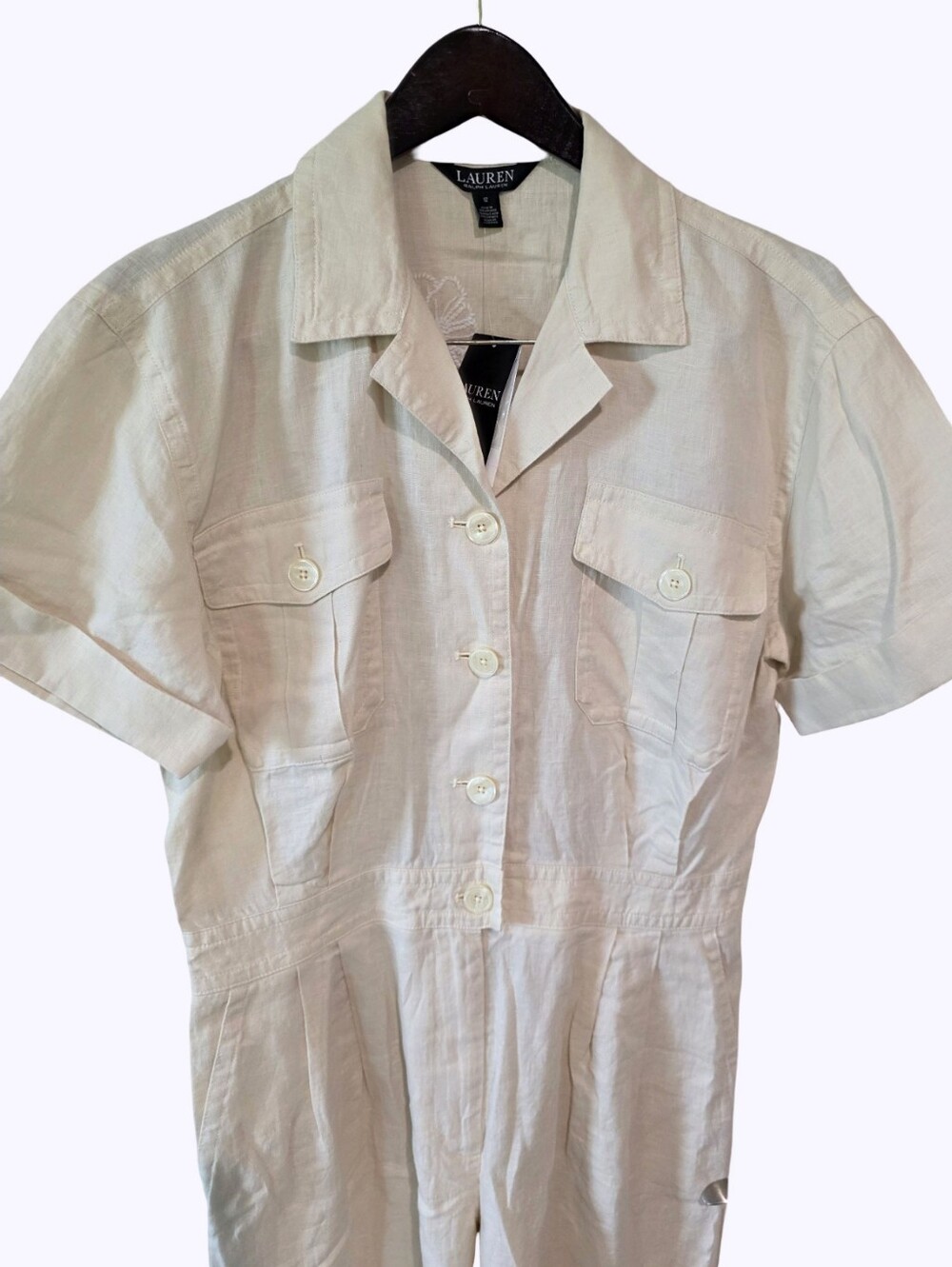 Lauren Ralph Lauren Cream Linen Blend Embroidered Utility Jumpsuit Wide Leg NEW - Picture 6 of 14